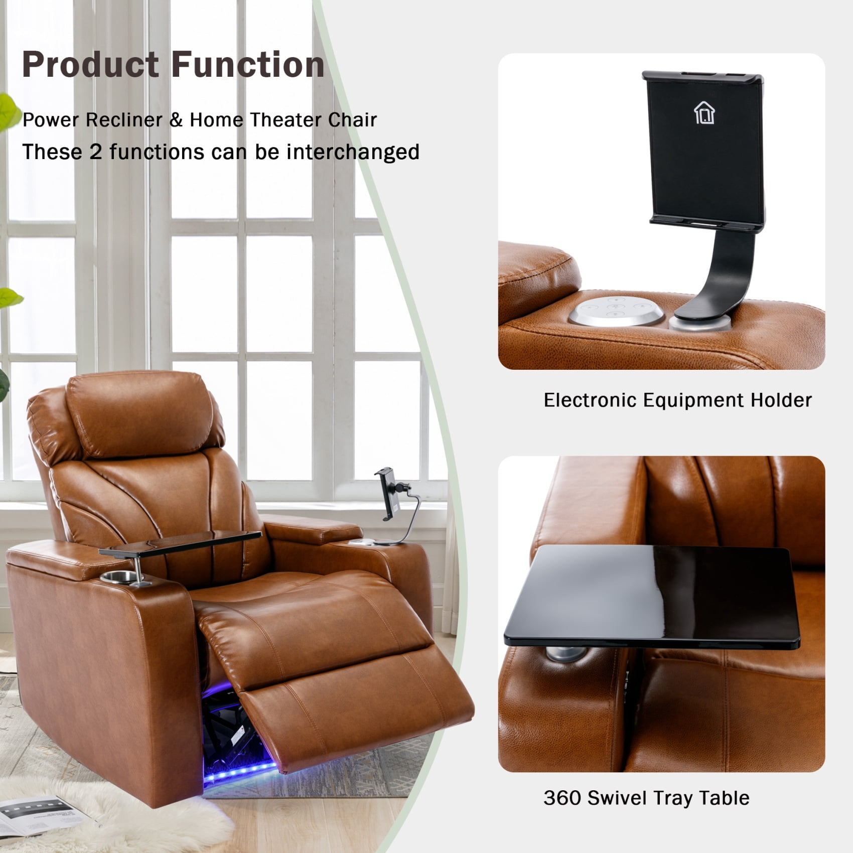 Harper & Bright Designs Electric Power Motion Recliner Chair with USB Charging & Bluetooth Speaker, Power Lift Recliner w/ Hidden Storage, Cup Holders, Home Theater Living Room Chair, Light Brown