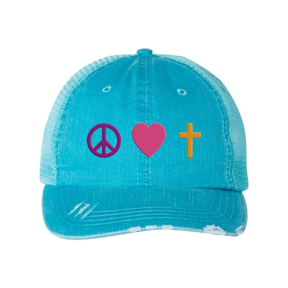 Women's Embroidered Peace Love Faith Distressed Baseball Cap, Aqua