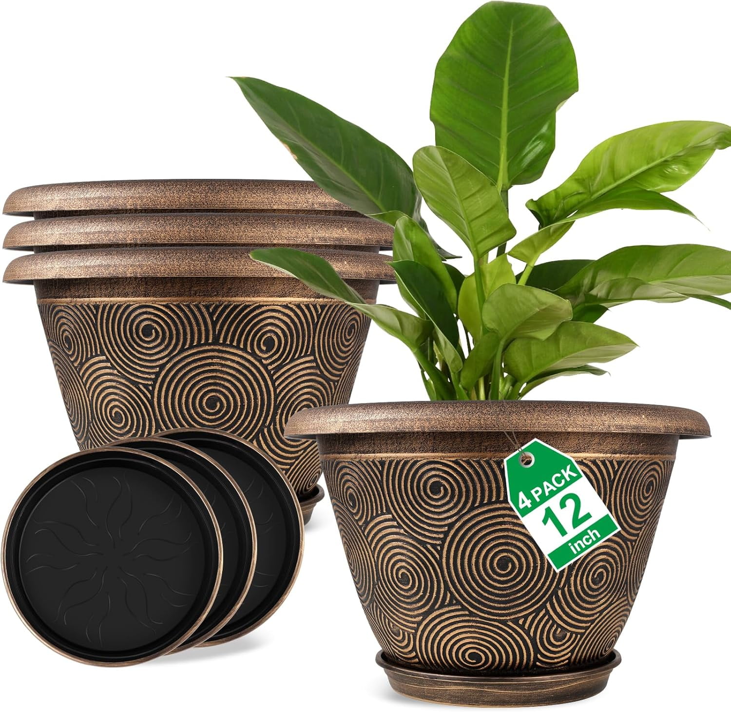 DEA 16 Inch Large Planter Pot for Plants Indoor Outdoor, 4 Pack Plastic Flower Pots with Drainage Hole & Tray, Modern Decorative Garden Pot with Saucer, Plant Container for House