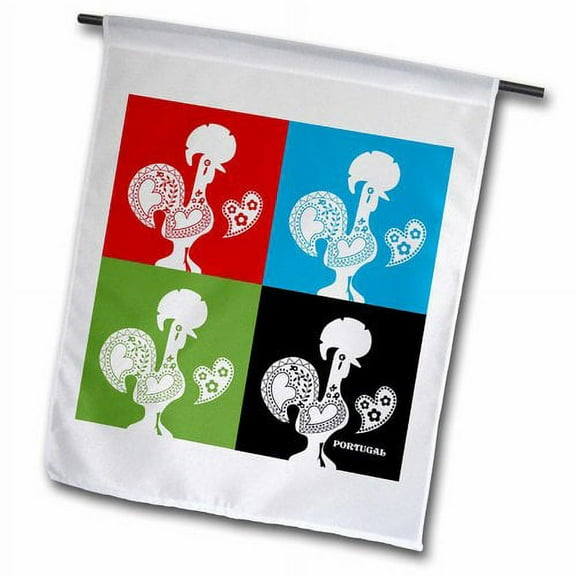 3dRose, Four portuguese roosters in black, red, blue and green color, 18 x 27 inch Garden Flag