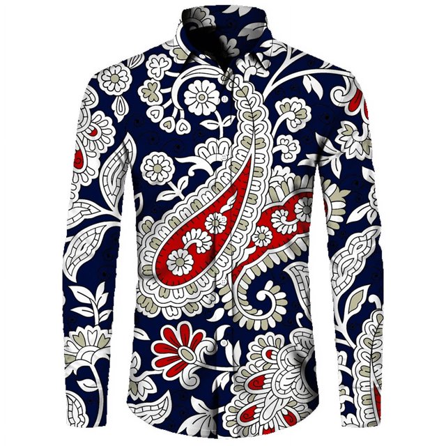 Camisa de moda para hombre, estampado 3D de flores de anacardo de cachemira, cuello vuelto, botones, manga larga, ropa de calle vintage para hombre y mujer