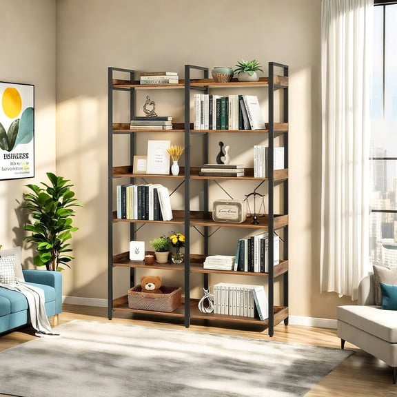 GOMYHOME 6-Tier Industrial Bookshelf, Wooden & Metal Open Shelves, 67" Storage Rack, Brown