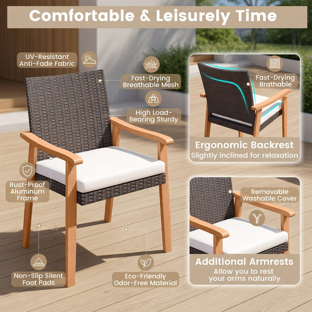 Hommoo 2-Piece PE Rattan Outdoor Dining Chair Set with Removable Cushions & Natural Acacia Wood Armrests, Weather-Resistant Patio Seating for Backyard, Deck or Garden, White