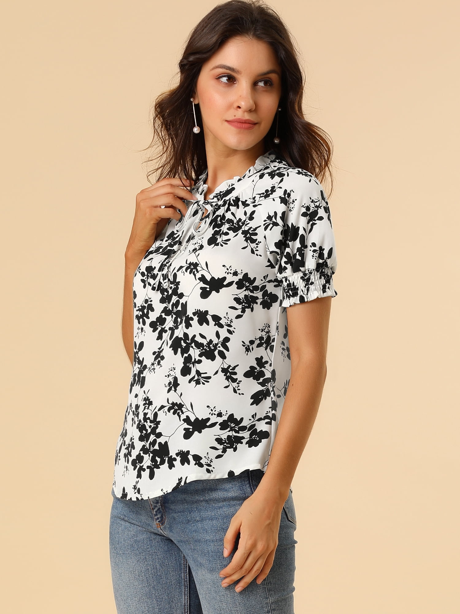 DARING DIVA Ruffle Tie Neck Casual Short Sleeve Blouse XL White