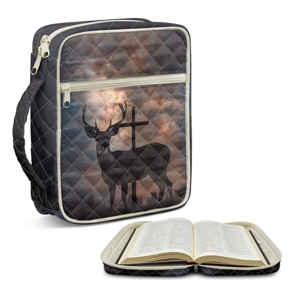 TSOVTHRID Deer Cross Starry Sky Print Bible Cover Case Church Bag for Women Men, Quilted Bible Cover with Pen Slot, Multi-Functional Black Carrying Book Case for Bibles Study