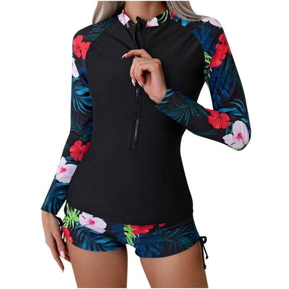 WREESH Womens Two Piece Swimsuit Rash Guard Swimsuits New Fashion Long Sleeve Split Swimsuit Casual Bikini Swimsuit Beach Bathing Suit Black