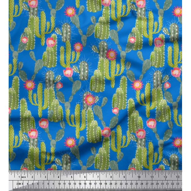Soimoi Blue Polyester Crepe Fabric Flower & Cactus Tree Print Fabric by The Yard 52 Inch Wide