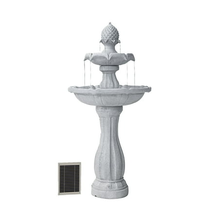 XBrand 44" H White Fiberglass/Resin 2-Tier Solar Water Fountain w/ Solar Panel and Auto-Shut Off Pump, Solar Garden Fountain, Tall Outdoor Fountain, Two Tiered Birdbath Fountain