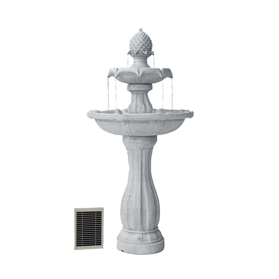 XBrand 44" H White Fiberglass/Resin 2-Tier Solar Water Fountain w/ Solar Panel and Auto-Shut Off Pump, Solar Garden Fountain, Tall Outdoor Fountain, Two Tiered Birdbath Fountain