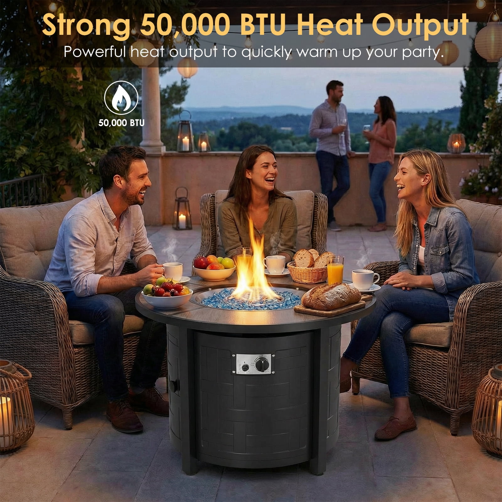 TLGREEN 30" Propane Fire Pit Table with Lid and Blue Stone, 50,000 BTU Auto-Ignition Round Gas Fire Pit for Outdoor, Backyard (Gray)