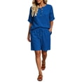 thumbnail image 2 of Gamivast 2 Piece Summer Outfits for Women Casual Linen Textured Short Sleeve Henley Shirt and Drawstring Shorts Set Loose Fit Lounge Tracksuit Vacation Streetwear Blue XXXL, 2 of 7