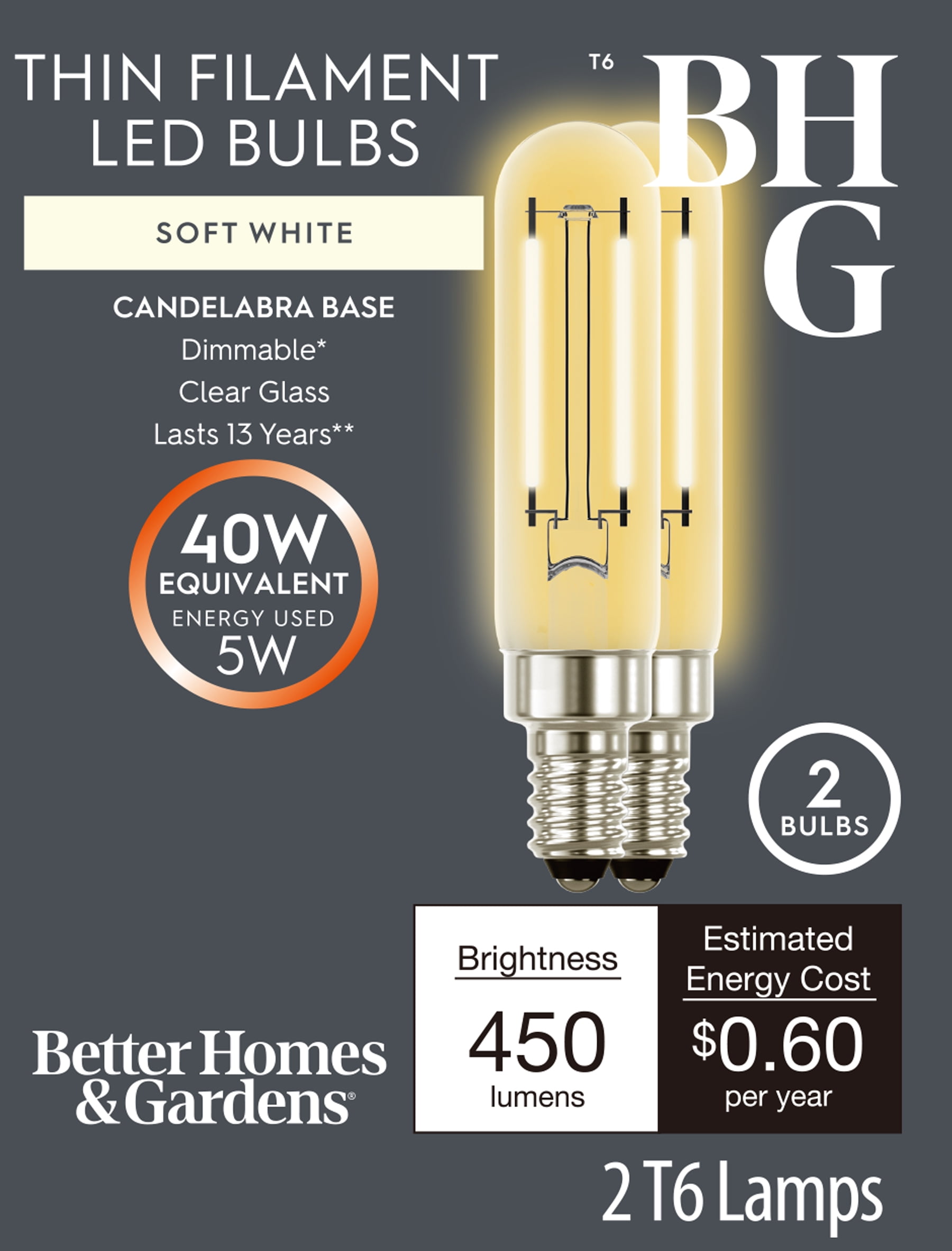 (2 pack) Better Homes & Gardens T6 LED Vintage Light Bulb, 5W (40W Equivalent), Soft White, Thin Filament, 2 Pack