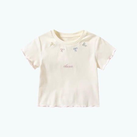 Amidoa Crewneck Girls T Shirts Summer Cute Printed Graphic Tops Casual Kids Tees Beige 80