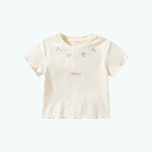 Blusas y camisas de manga corta con cuello redondo para niña, camiseta de verano con estampado de lazo, manga corta, top holgado y dulce de media manga para bebé, top de algodón para niña