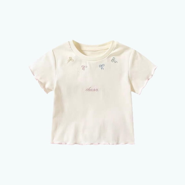 Blusas y camisas de manga corta con cuello redondo para niña, camiseta de verano con estampado de lazo, manga corta, top holgado y dulce de media manga para bebé, top de algodón para niña