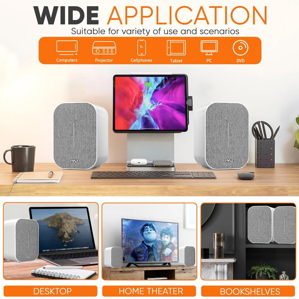 Pyle 50-Watt MAX HiFi Studio Active and Passive Desktop Bluetooth Bookshelf Speaker System, (White)