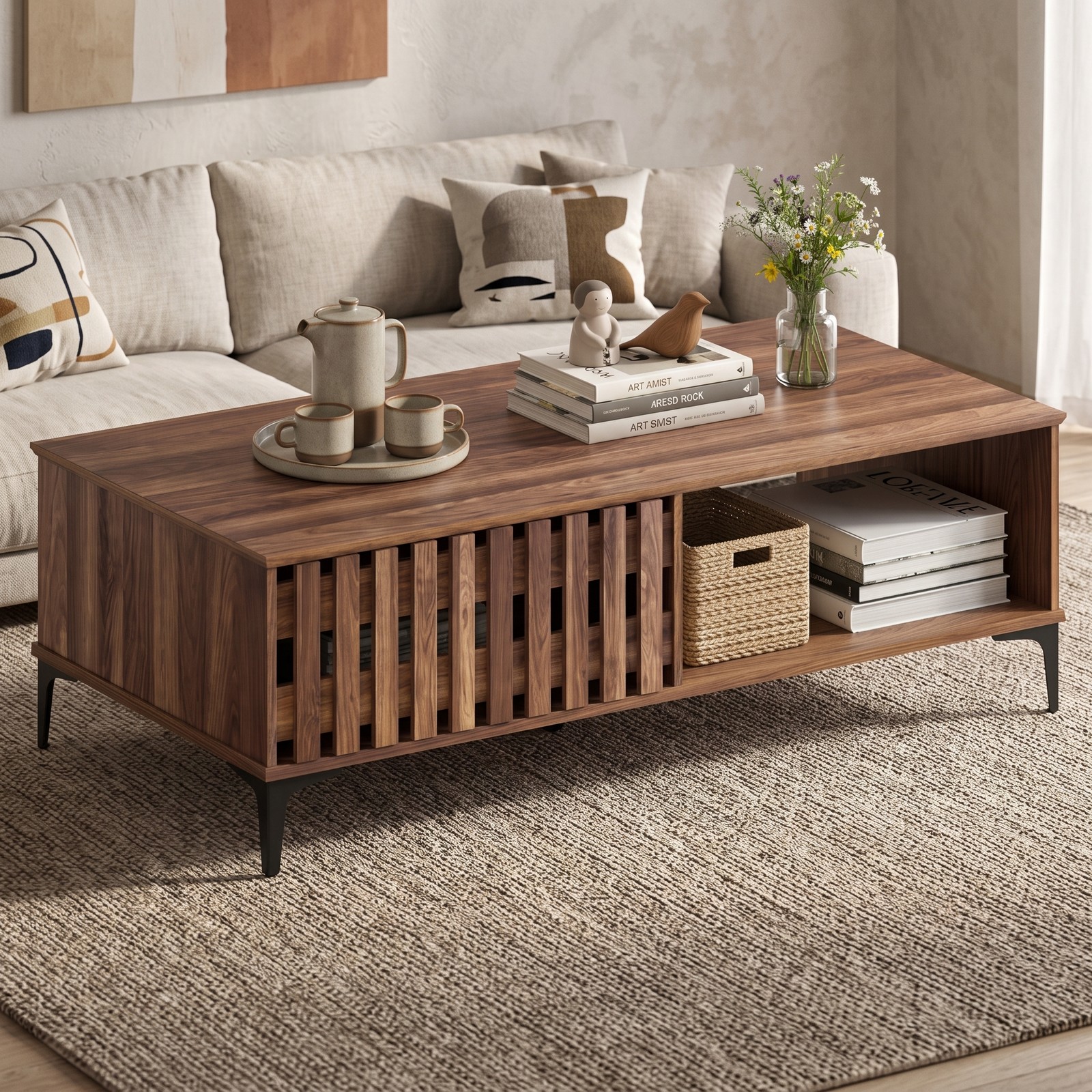 Furnibear 47 Inch Mid Century Coffee Table, Farmhouse Wooden Center Table with Storage Cabinets and Open Compartment, Rustic Living Room Sofa Accent Table with, Walnut