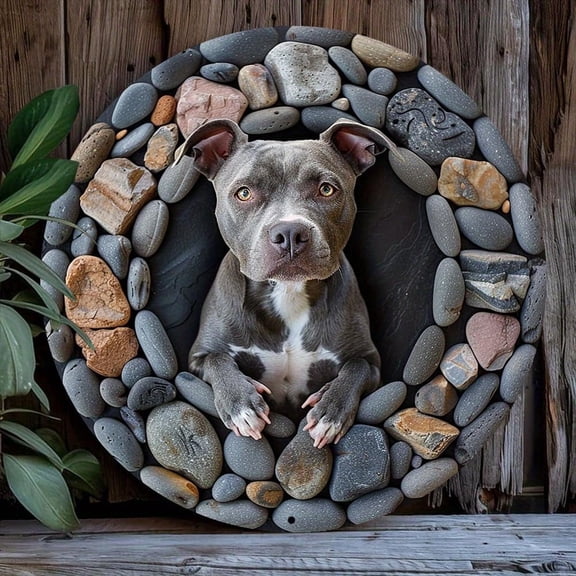 Pitbull Terrier 8X8 Metal Wreath Sign - Spring Decor For Living Room Dog Decor For Home