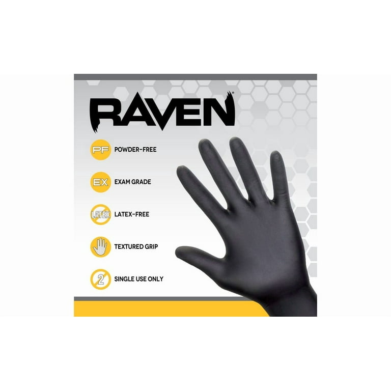 Raven Powder-Free Exam Grade Nitrile Disposable Gloves, Black, 7