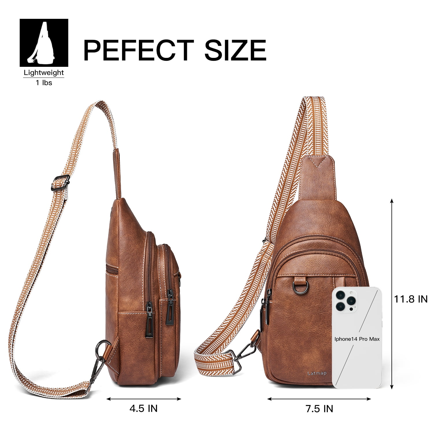 LATMAP  Crossbody Sling Bag for Women & Men, Leather Anti-Theft Hiking Fanny Pack，Brown