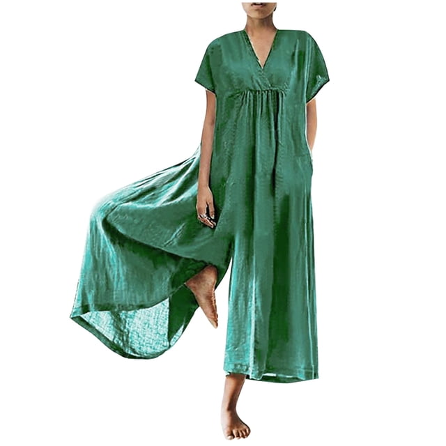 Penkiiy Combinaisons pour Femmes Combinaisons Décontractées Unies Col en V Coton Lin Combinaison Longue Combinaison à Fermeture Éclair Vert 4TG Combinaisons