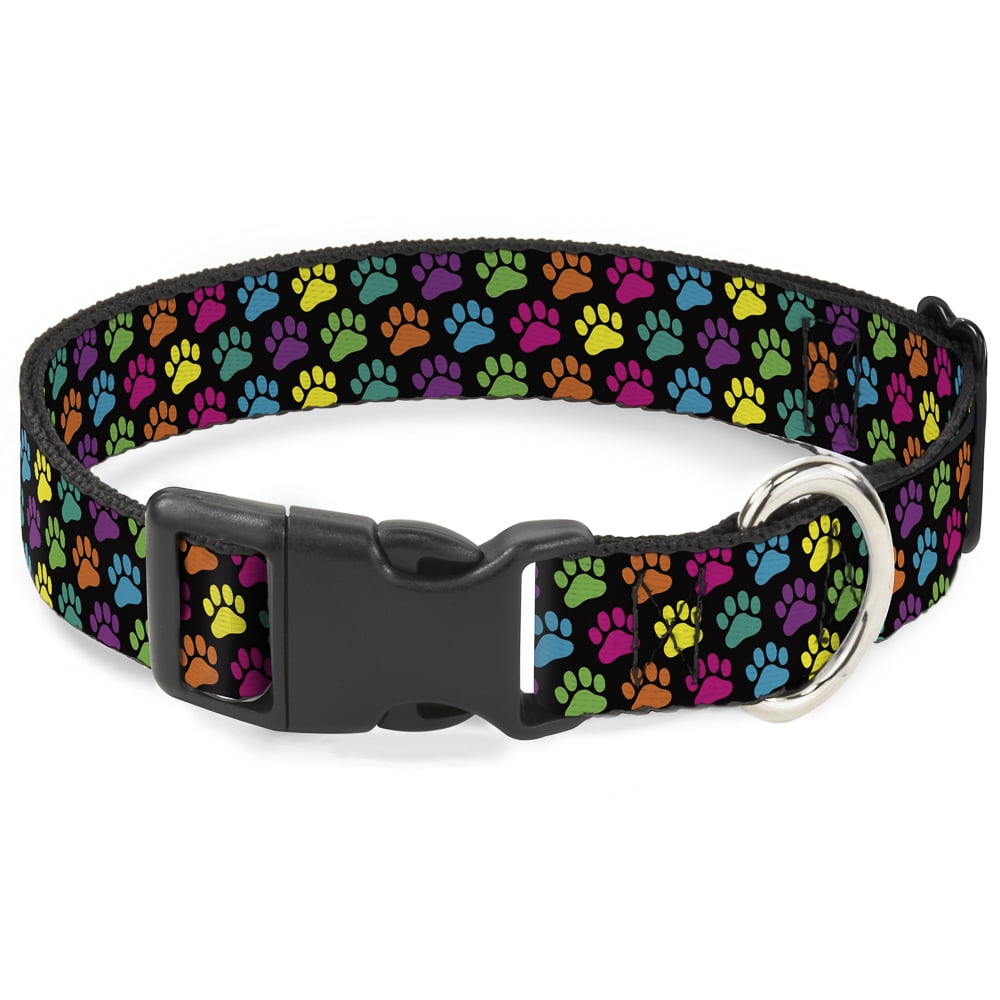 Buckle-Down Pet Collar, Dog Collar Plastic Buckle, Paw Print Black Multi Color, 7 to 8.5 Inches 0.5 Inch Wide