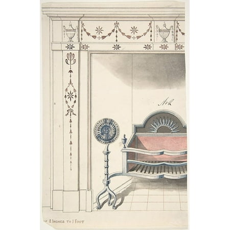 Fireplace and Grate Design with Sunflower Andirons Poster Print by Anonymous British 19th century (18 x