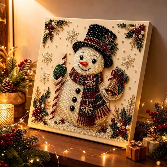 Twfbrm Christmas Pearl Art Decoration, 12x12 Inch Cute 3D Snowman Pearl Art Kits with Frame, DIY Pearls Art Gem Crafts for Home, Table, Window, Wall Decor
