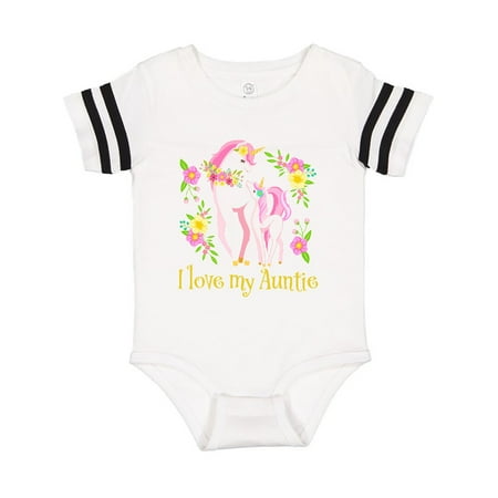 

Inktastic I Love My Auntie Unicorn with Pink and Yellow Flowers Gift Baby Boy or Baby Girl Bodysuit