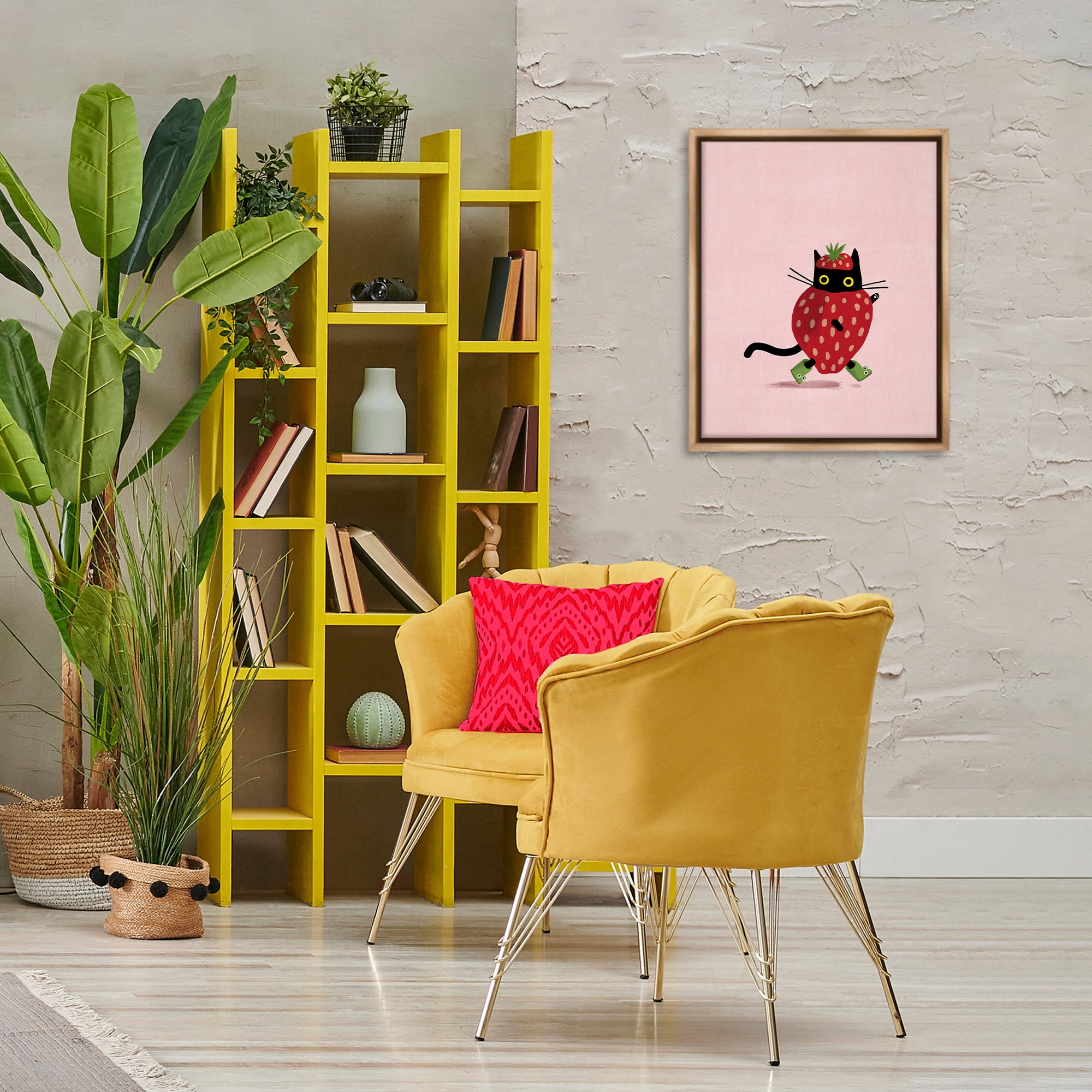Stupell Industries Strawberry Cat on Pink Animals Painting Brown Floater Framed Canvas Art Print Wall Art, 17 x 21