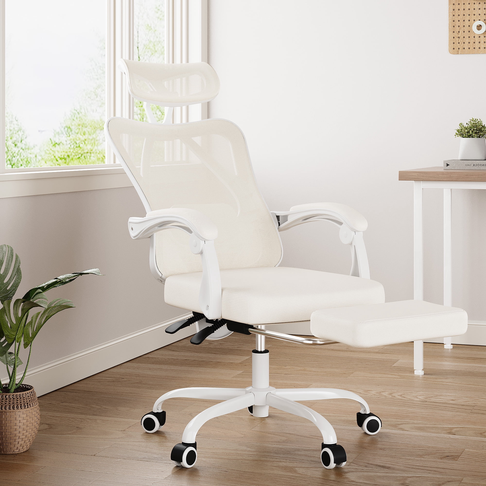 MAYEERTY Ergonomic Mesh Office Chair with Headrest, Lumbar Support, Footrest for Home Office Study, Beige