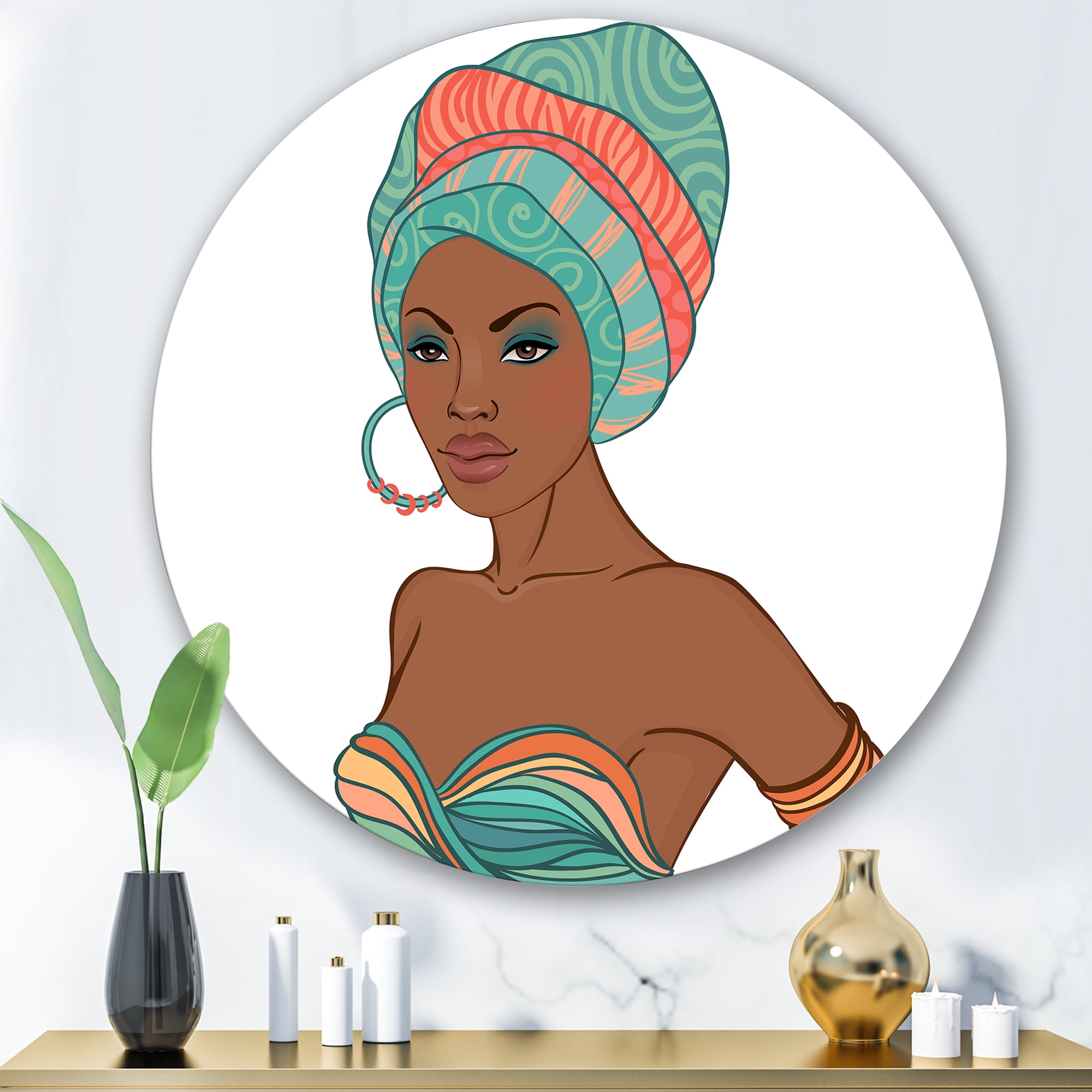 Designart 'African American Woman With Turban and Earring' Modern Circle Metal Wall Art 36x36 - Disc of 36
