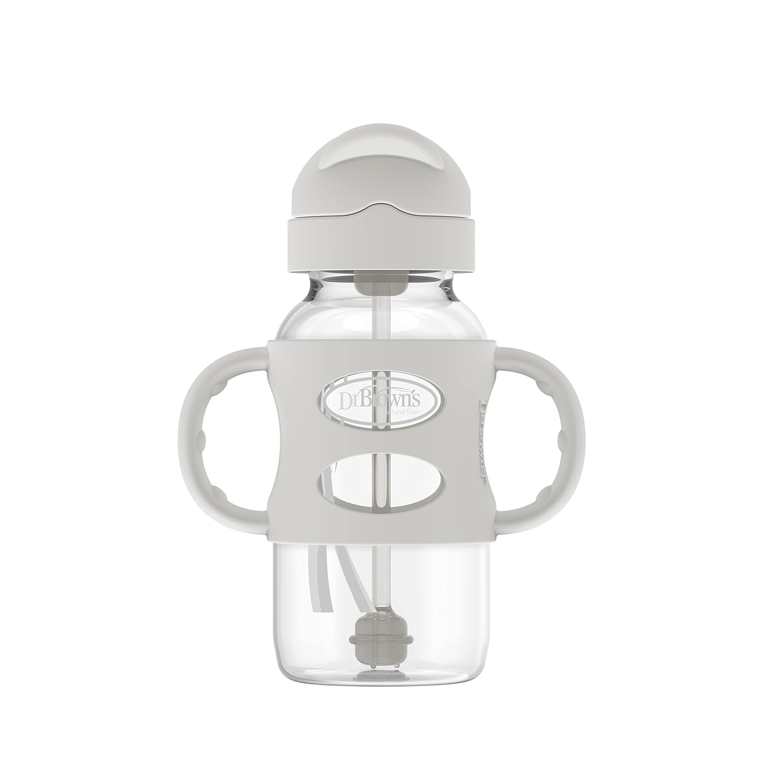 Dr. Brown's Milestones Wide-Neck Sippy Straw Bottle, 100% Silicone Handles, 9oz/270ml, 6m+, Gray