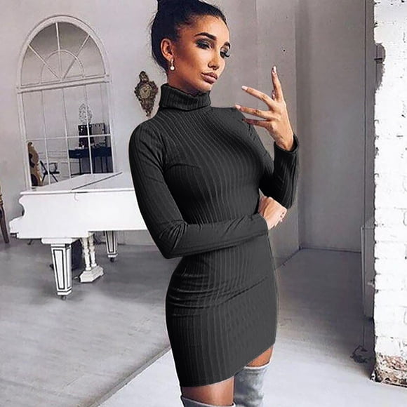 Fashion Women Solid Long Sleeve Sweater Dress Tight Turtleneck Pullover Dress