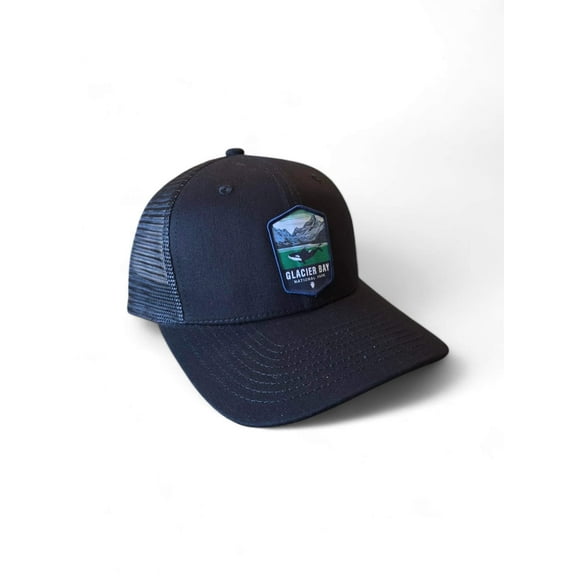 Alaska Glacier Bay National Park Trucker Snapback Hat - Black on Black Mesh