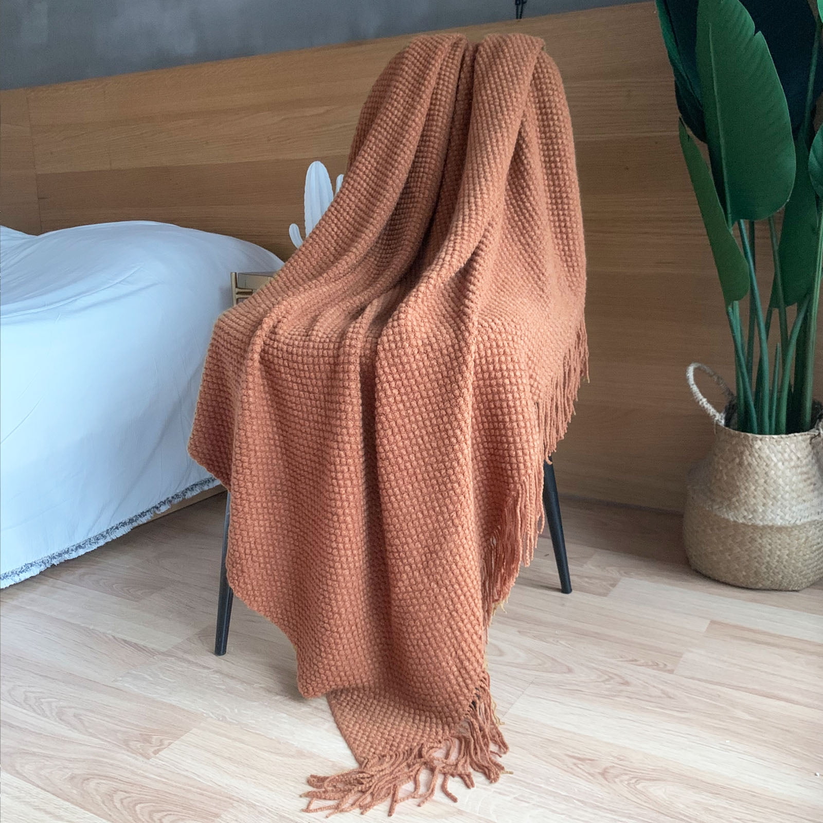 LOMAO Textured Knitted Throw Blanket – Cozy Caramel Rust Home Decor