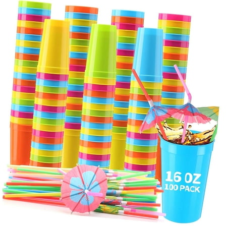 HYKE 50 Pcs Tropical Plastic Cups for Hawaiian Beach Pool Party Supplies,16 oz Multicolor Coconut Cups with Parasol Straws for Birthday Luau Decorations
