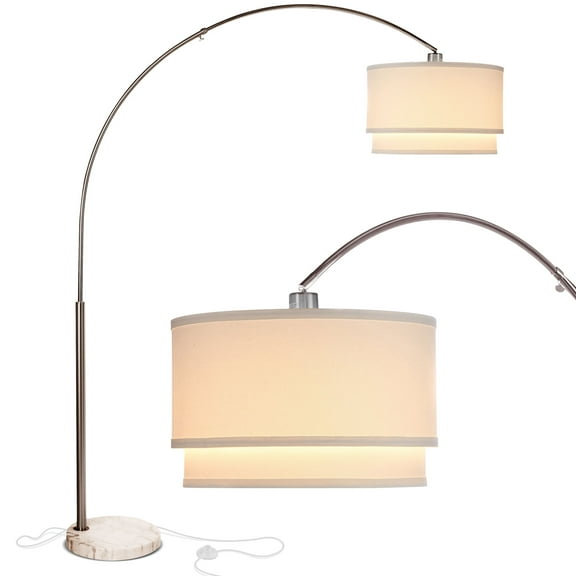 Brightech Mason 81" Modern Extendable Arm LED Floor Lamp with 2-Tiered White Fabric Shade and Marble Base - Nickel