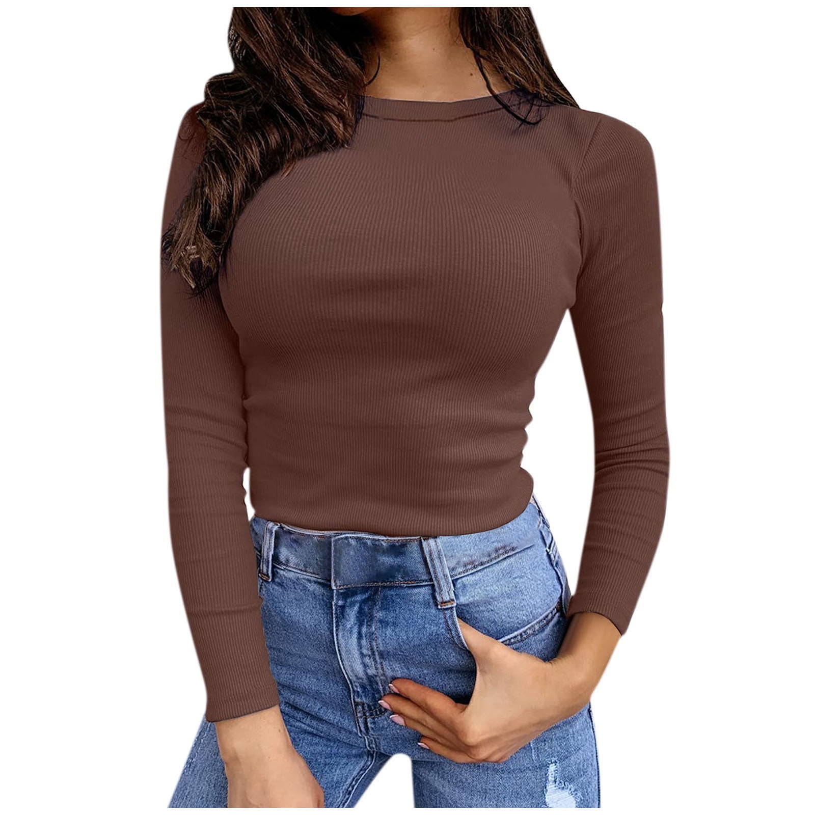 Women's Ribbed Knit Tops Crewneck Solid Color Long Sleeve T Shirts Slim ...