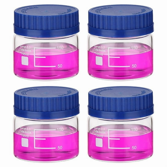 4 Pack Reagent Media Storage Bottles, 150ml Borosilicate Glass Wide Mouth Graduated Round Bottles with GL32 Screw Cap