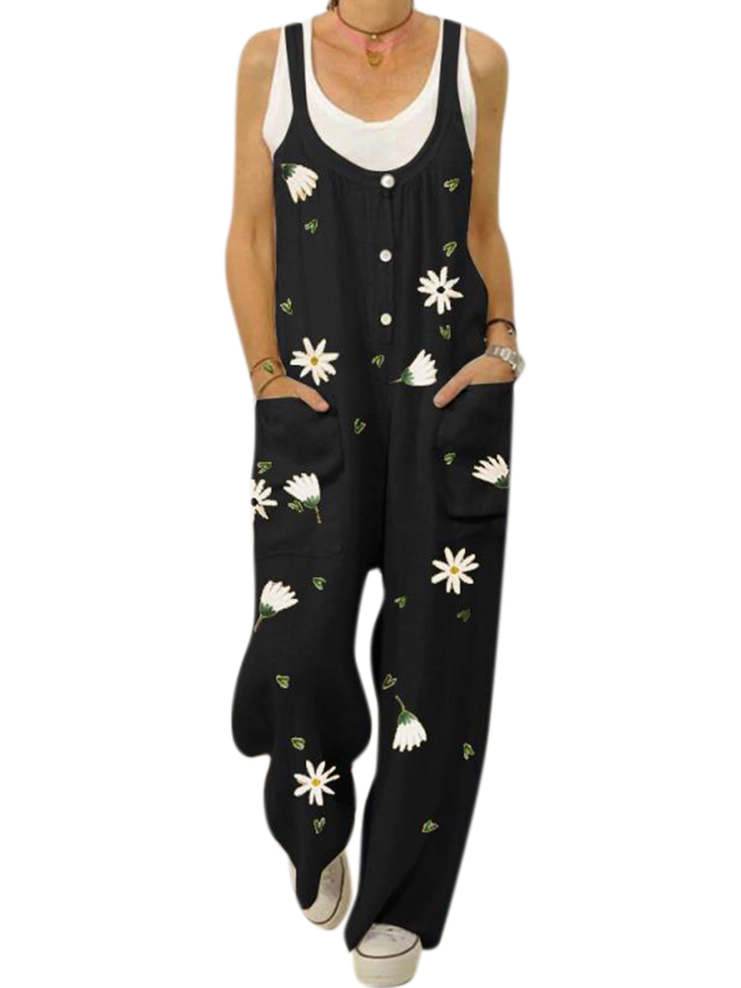 Lallc Women's Summer Overalls Casual Loose Linen Floral Romper Plus