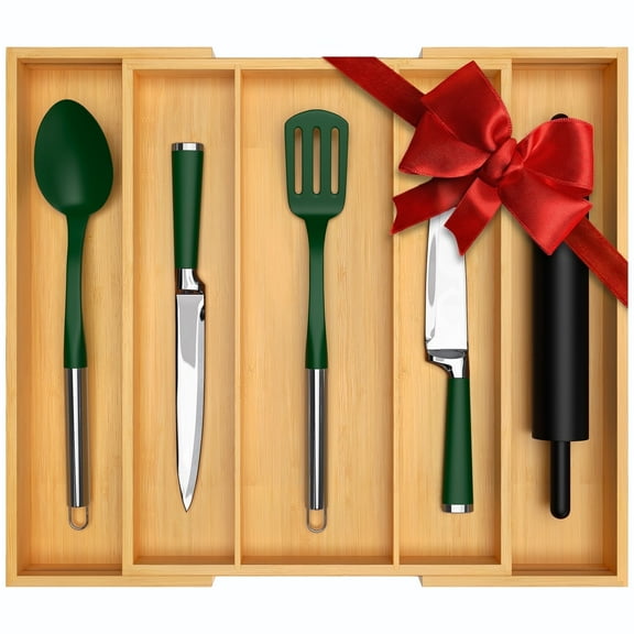 Royal Craft Wood Expandable Bamboo Kitchen Drawer Organizer – Silverware Drawer Organizer and Utensil Holder Tray with Grooved Dividers for Flatware, Cutlery & Kitchen Storage (5 Slot, Natural)