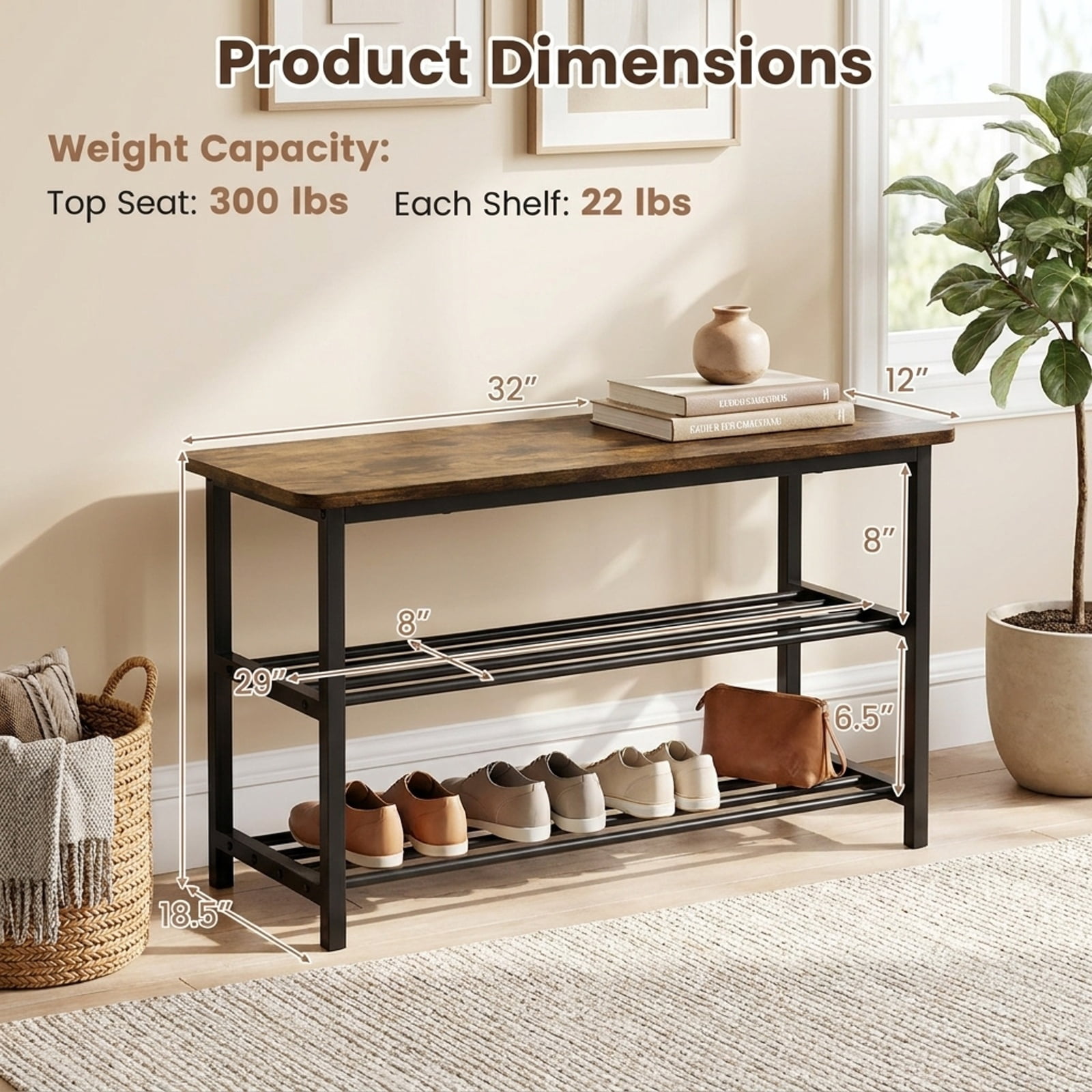 Furnibear 3 Tier Shoe Rack Bench with Metal Slat Shelves and Long Wooden Seat for Entryway Hallway Shoe Storage Bench, Rustic Brown