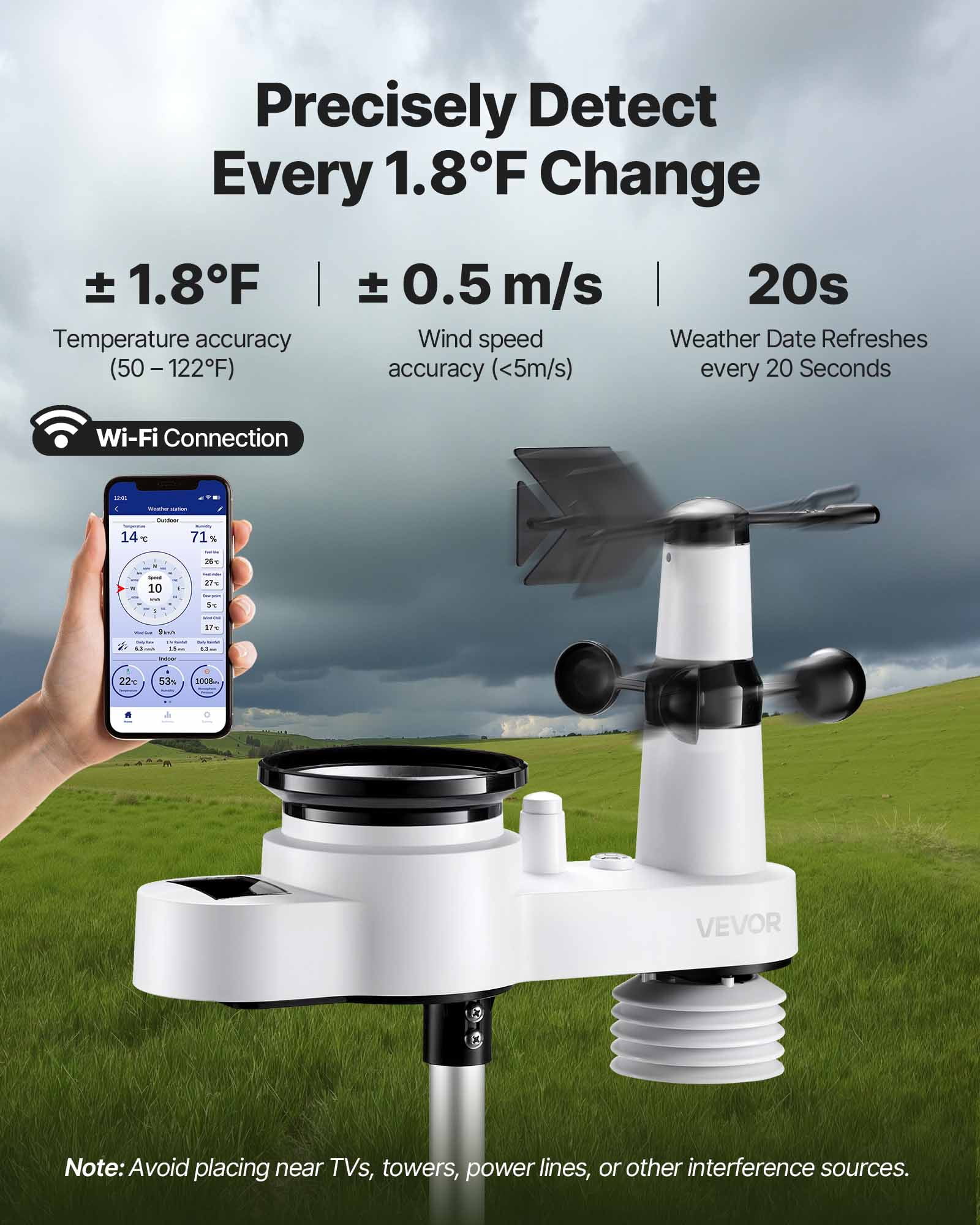 VEVOR 5-in-1 Wi-Fi Weather Station, 7.5-Inch VA Display, Wireless Solar Powered Outdoor Sensor, Rain Gauge, Indoor Outdoor for Weather Forecast, Wind Speed Direction, Temperature, Humidity, Rainfall