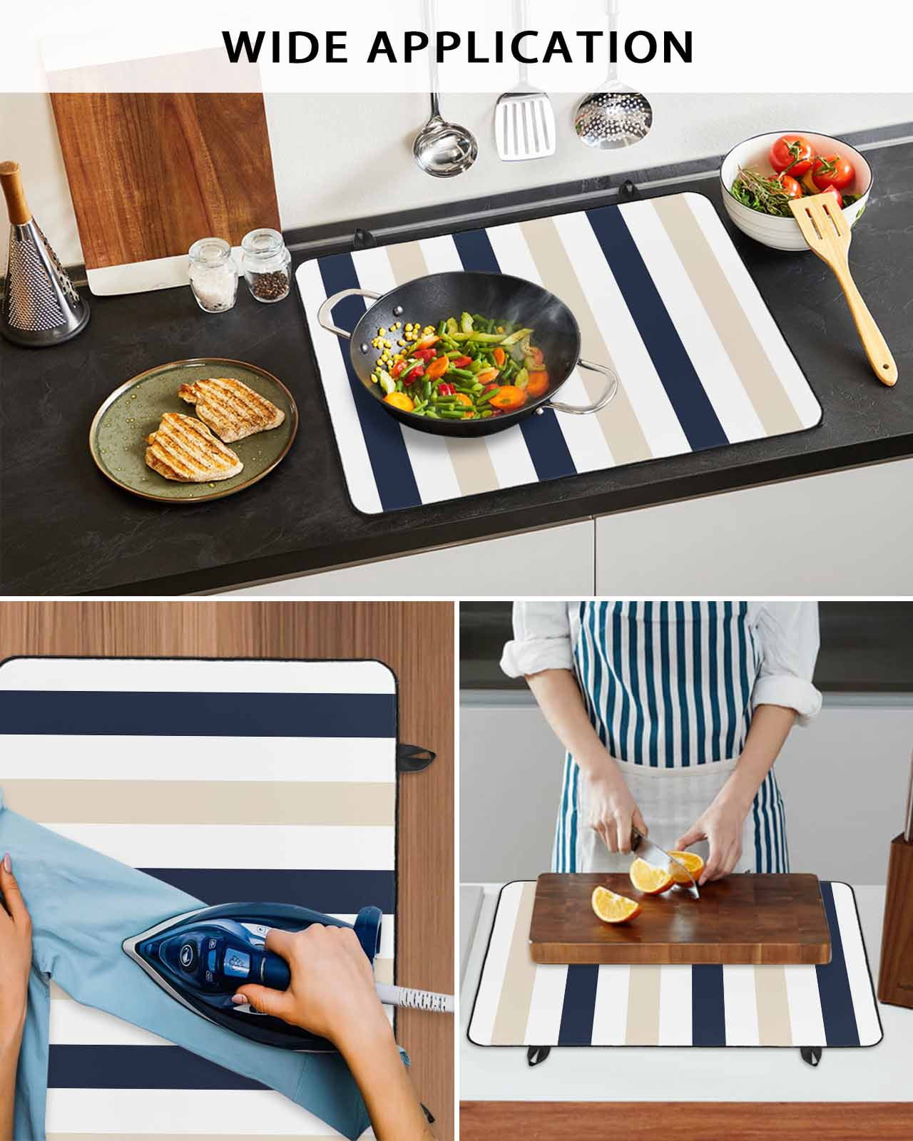 nqOlkjepod Large Induction Cooktop Protector Mat 36"x21", Beige Navy Blue Striped Stove Top Covers for Electric Stove, Farmhouse Stripe Art Decorative Stove Burner Cover Mats, Glass Top Stove Cover