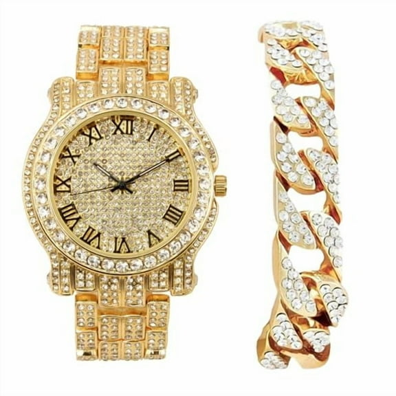 Bling-ed Out Silver Round Luxury Mens Watch w/ Bling-ed Out Bracelet - L0504B (L05054RN Gold #R BLK-C)