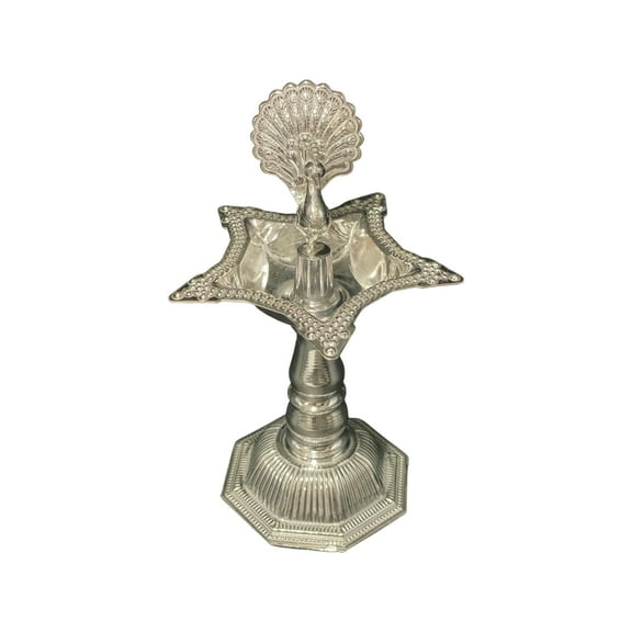 925 Sterling Silver Hallmarked Peacock Deepak (Diya) Deepak Height & Capacity: 5.0-inch Diya (20ml)