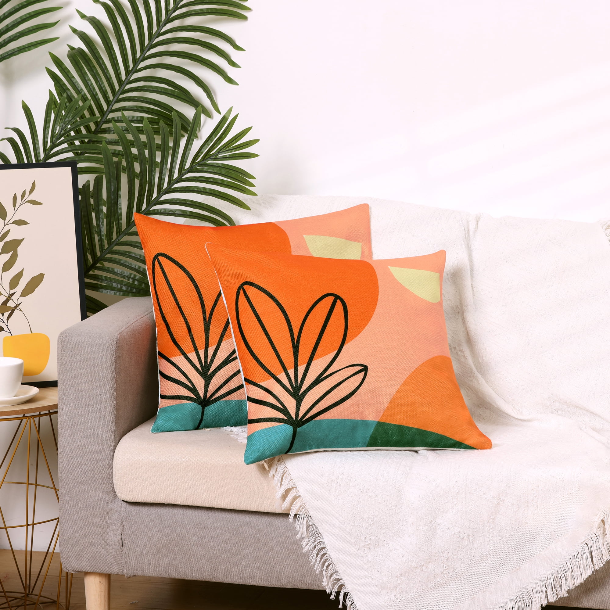 Unique Bargains Linen Printed Contemporary Decorative Throw Pillow Cover (2 Count) Orange-1 18" x 18"