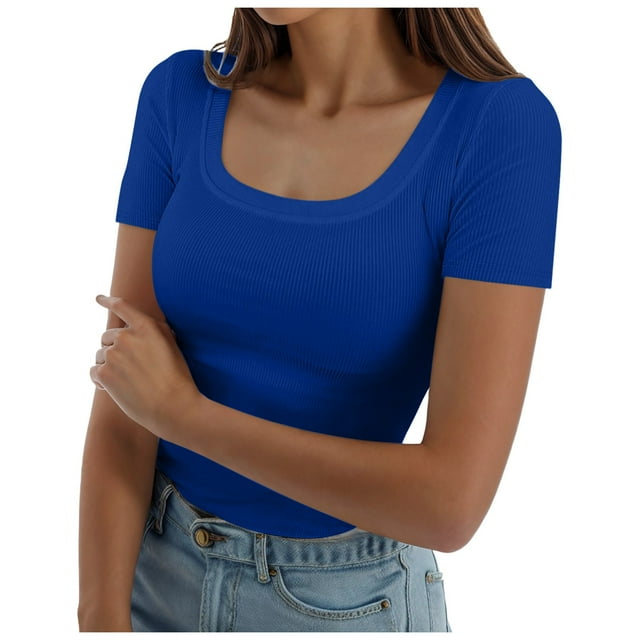 Womens Summer Short Sleeve Tops Square Neck Ribbed Slim Fitted Shirts Casual Tee Tshirt