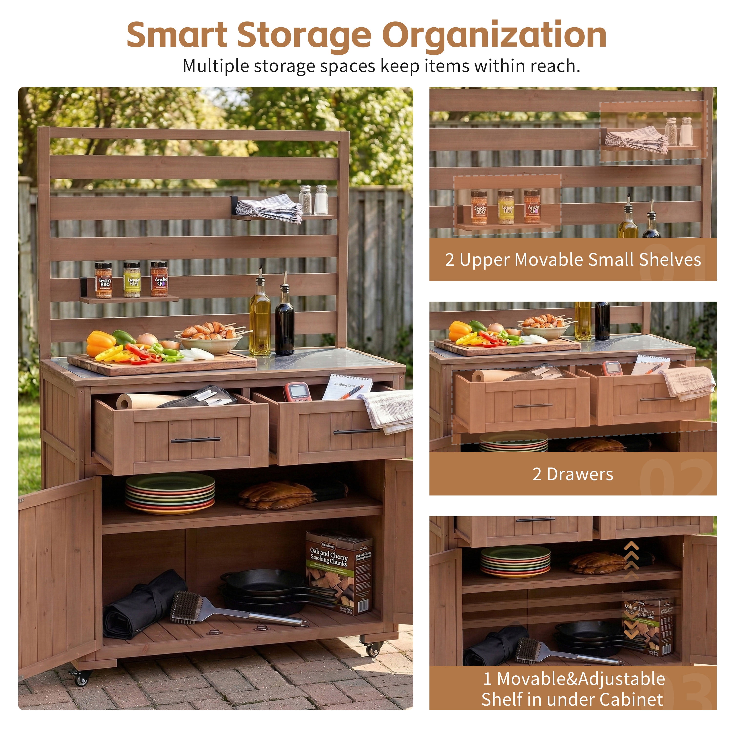 64.9" H Outdoor Grill Cart with Stainless Steel Top – Solid Wood Patio Kitchen Cart, BBQ Prep Table, 3 Movable Shelves, 2 Drawers, Brown